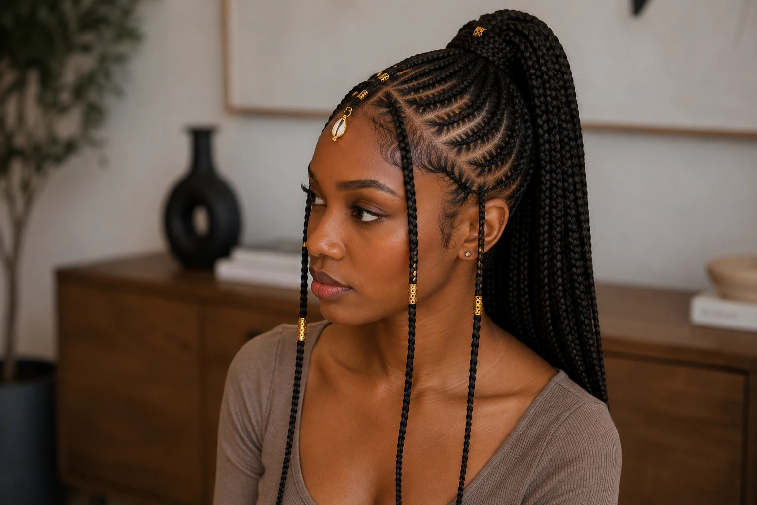 Fulani braids styled in a high ponytail with gold beads