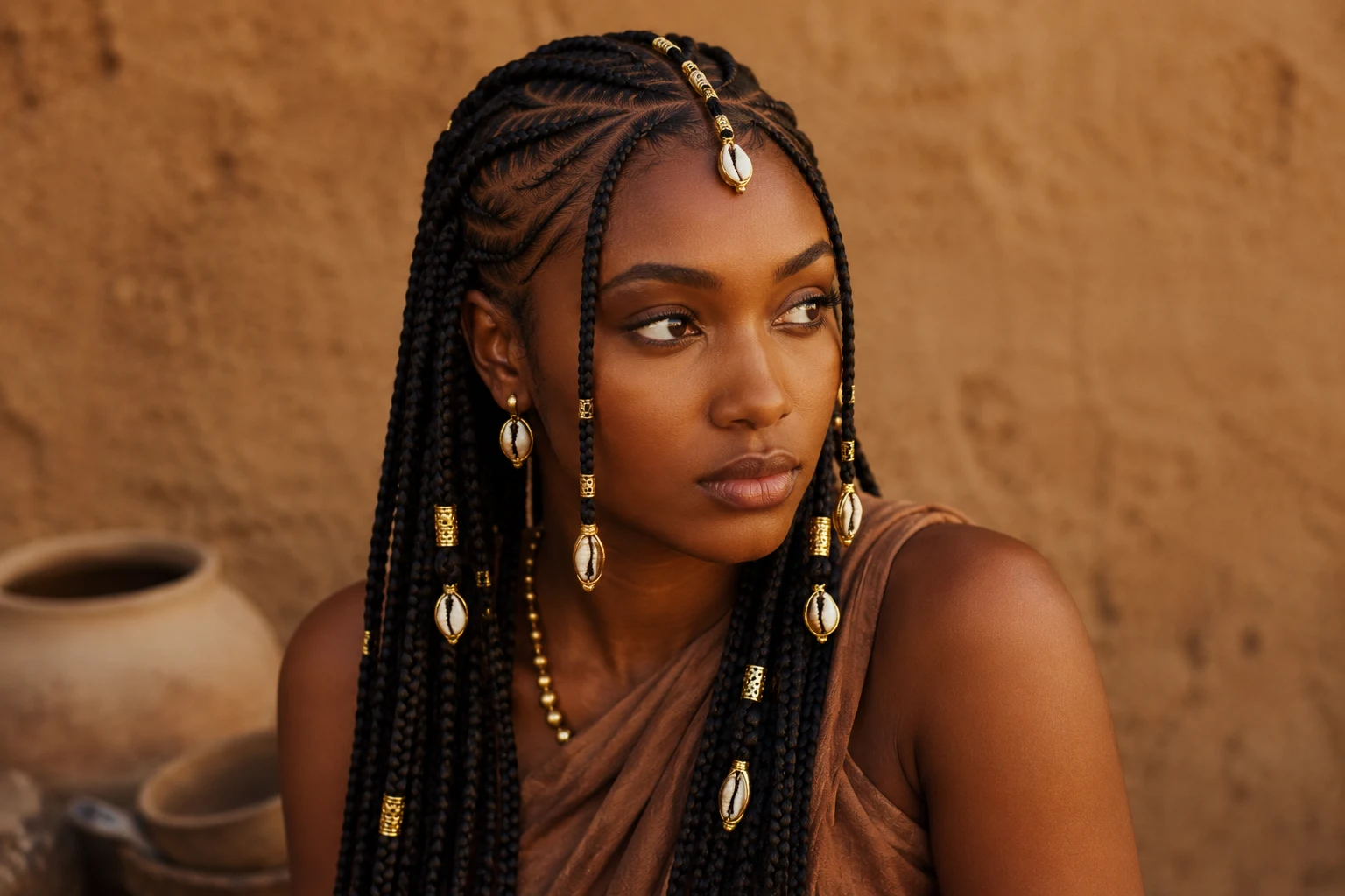 Traditional Fulani braids with cowrie shell beads against a clay heritage backdrop