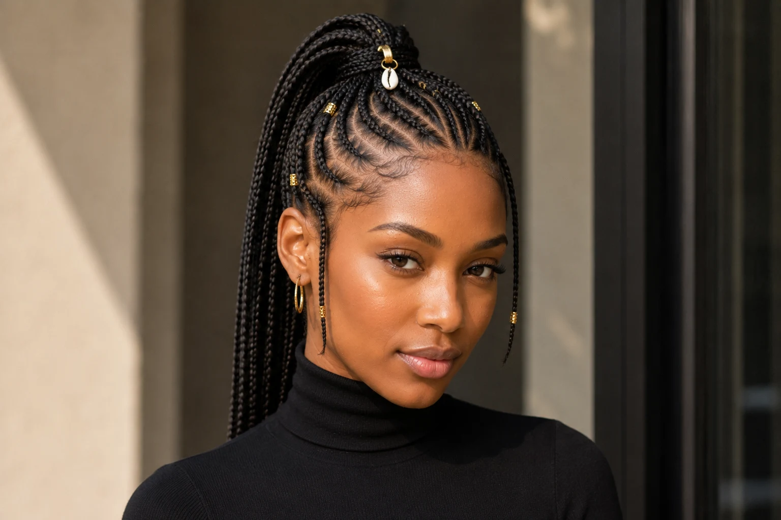 Fulani braids ponytail styled high with cowrie shell and gold beads