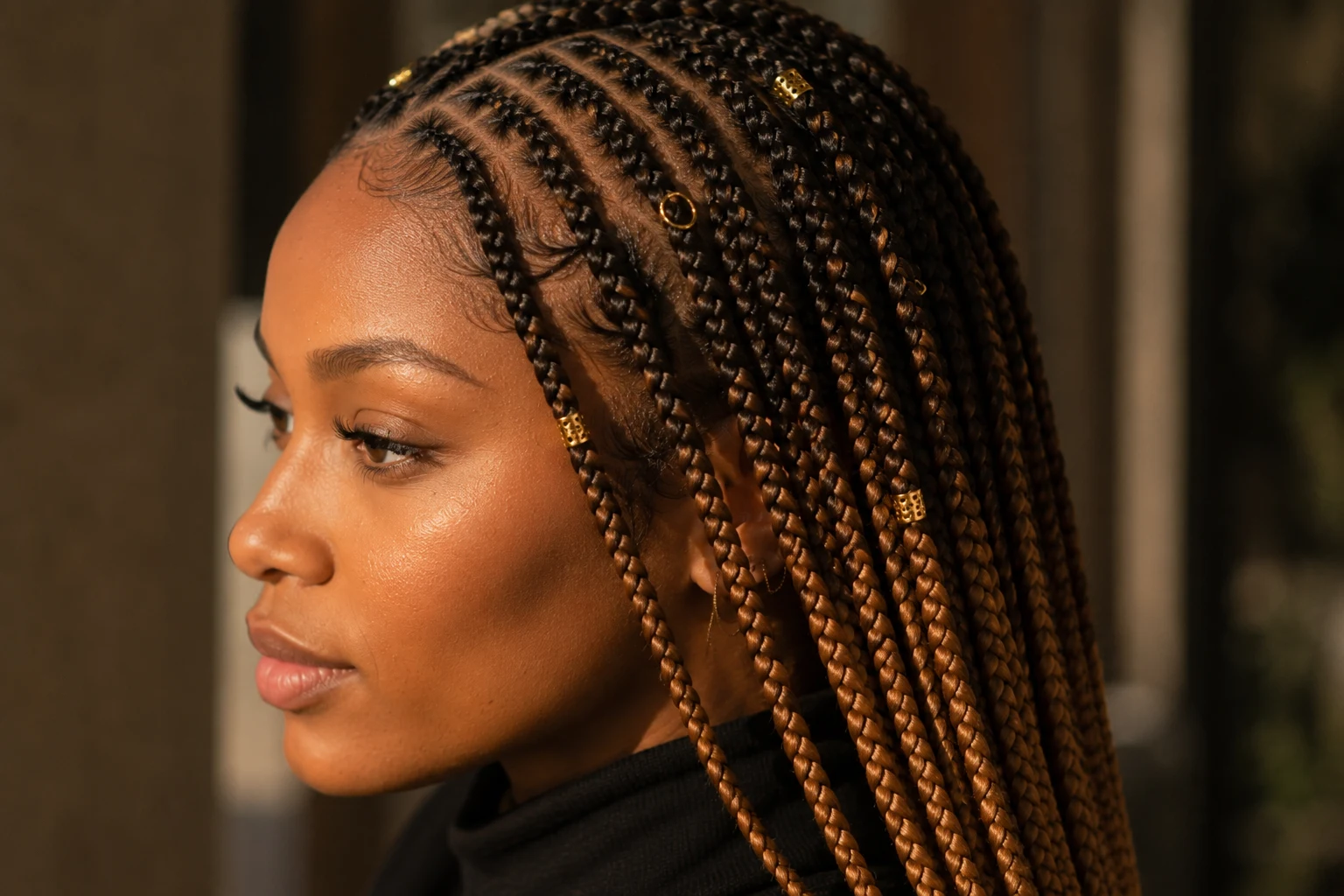 Close-up side view of Fulani braids with color showing warm brown ombre blend and gold cuffs