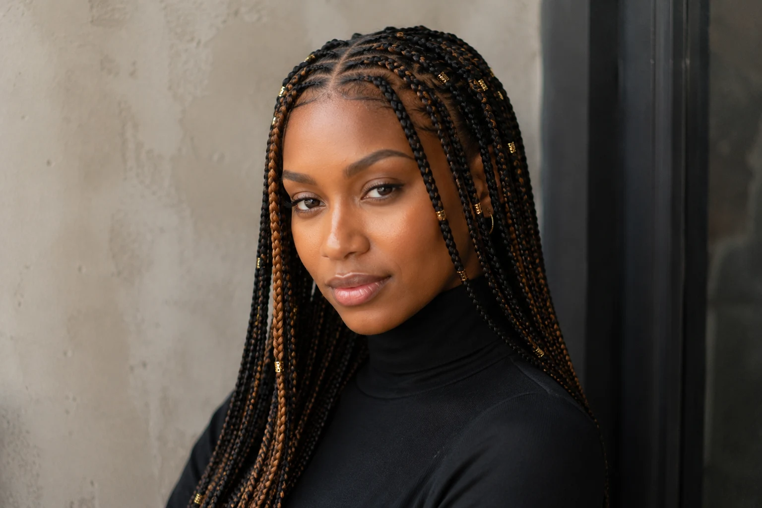 Fulani braids with color showing warm auburn ombre blend and gold beads