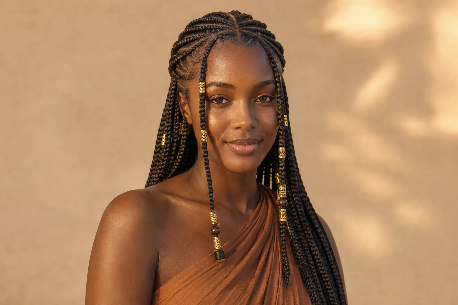 Woman with Fulani braids, gold beads, and traditional styling
