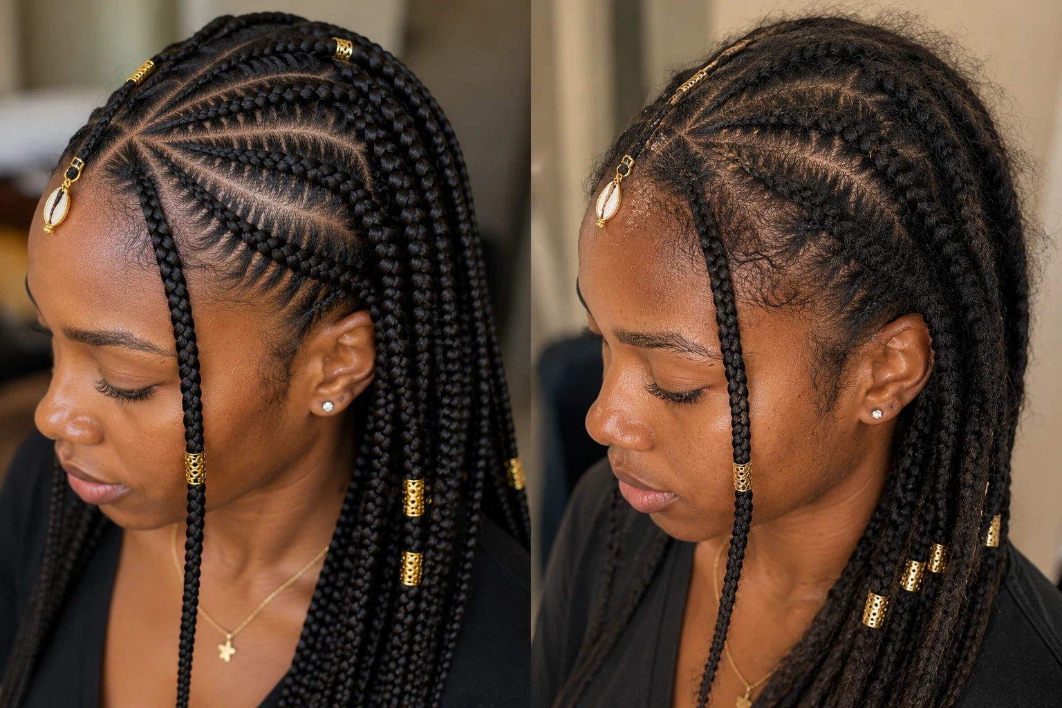 Side-by-side comparison of fresh versus several-weeks-old Fulani braids