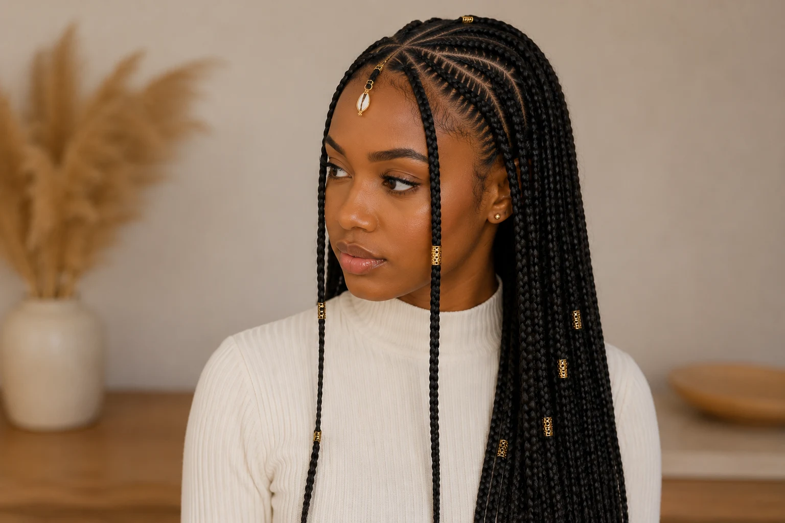 Knotless Fulani braids with flat natural hairline, gold beads and cowrie shell