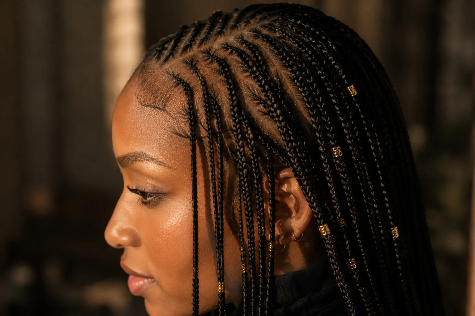 Side profile close-up of small Fulani braids showing intricate thin braid texture and gold cuffs