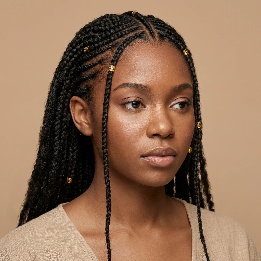 Traditional Fulani braids with center cornrow pattern and gold beads