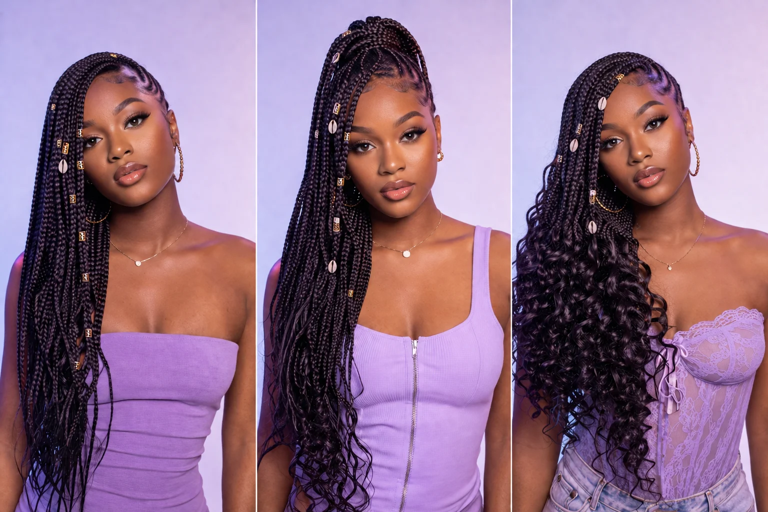 Three flip-over Fulani braids variations — classic sweep, curly ends, and secured mid-length
