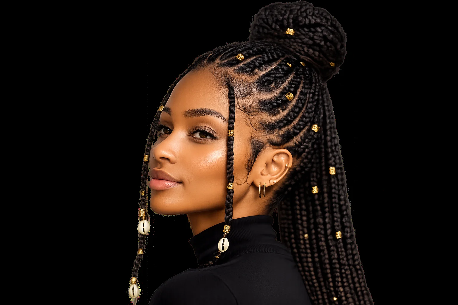 Fulani braids bun styled high at the crown with gold cuffs and cowrie shells