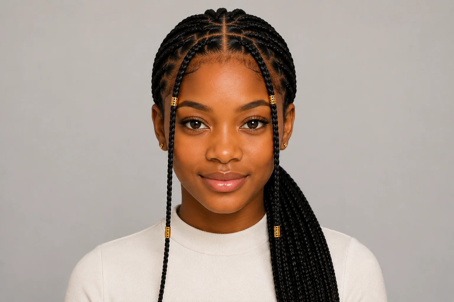 Fulani braids for school in a neat low ponytail — practical and school-appropriate with gold cuffs on face-framing braids