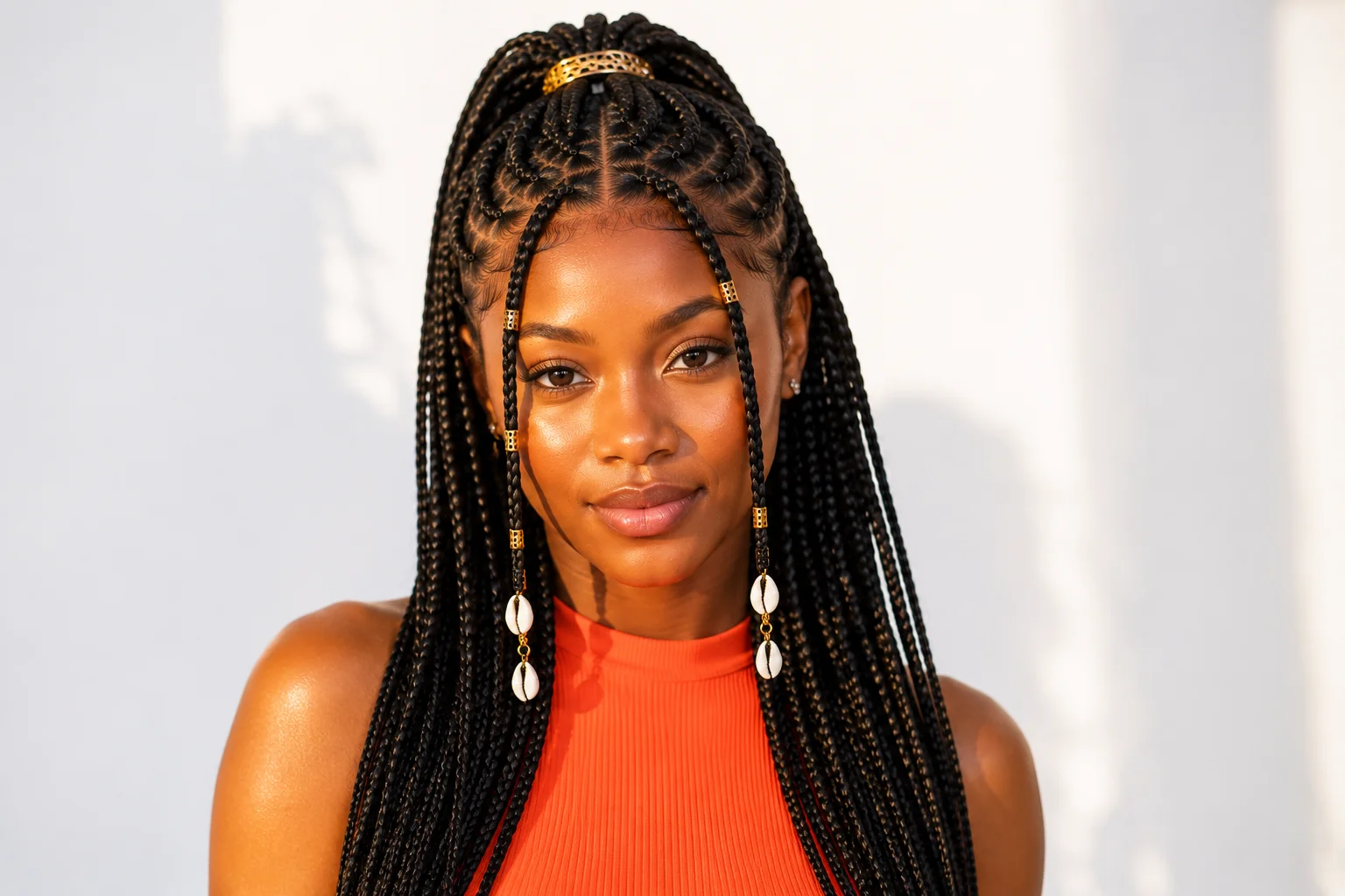 Fulani braids for summer — half-up style with gold cuffs and cowrie shells in warm summer lighting