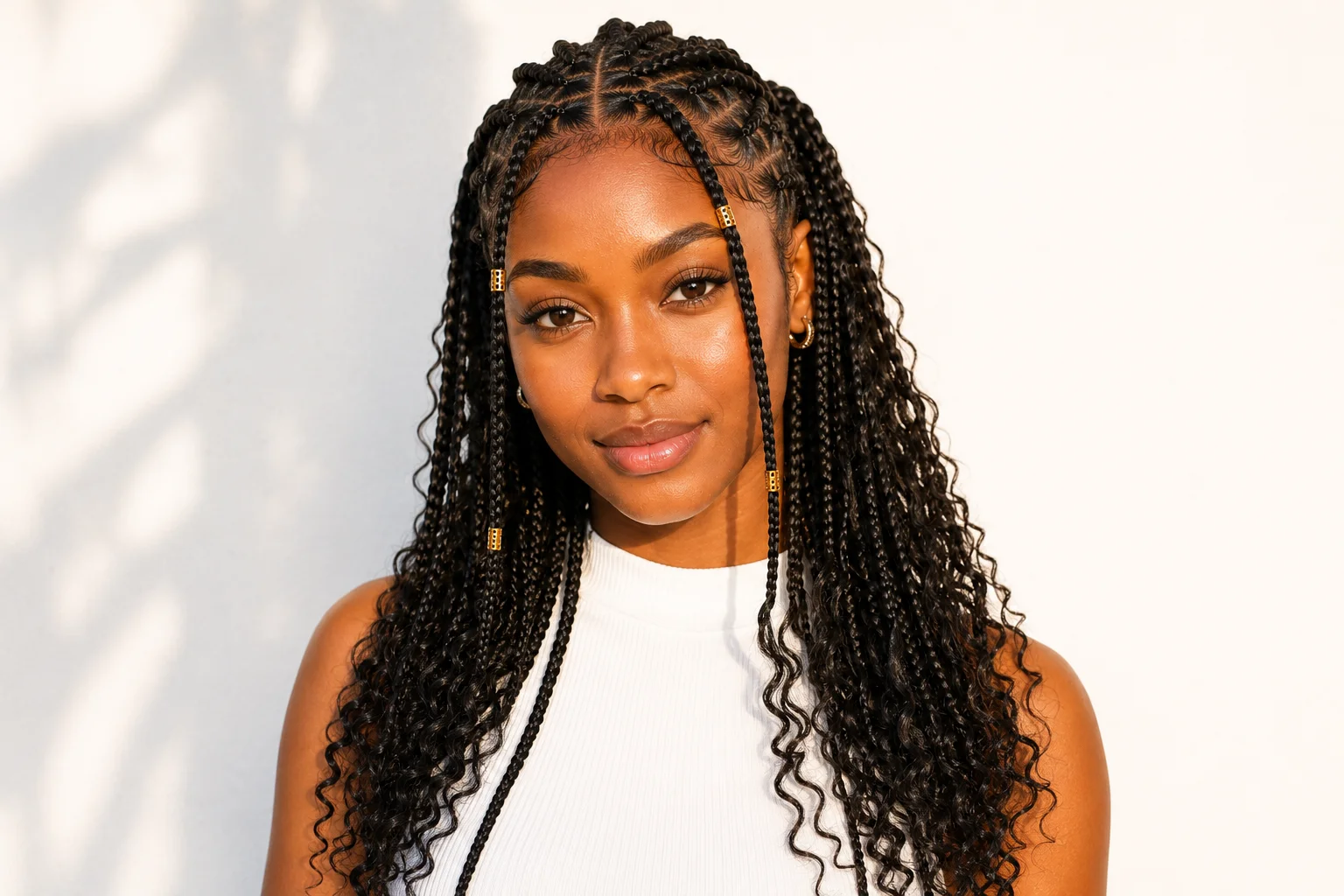 Fulani braids for summer with boho curly ends — relaxed summer aesthetic with gold cuffs and face-framing braids