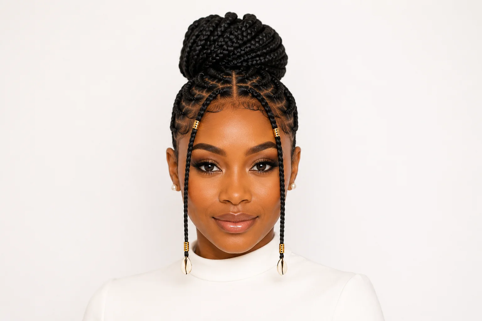 Fulani braids for weddings — elegant high bun with gold cuffs and cowrie shells on face-framing braids
