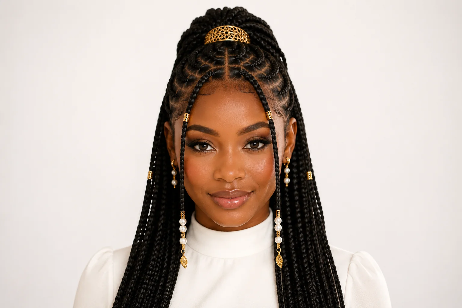 Fulani braids for weddings half-up style with gold crown cuff and pearl adornments on face-framing braids