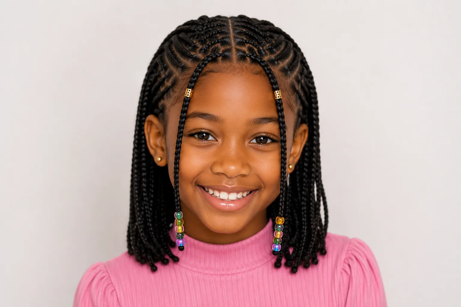 Fulani braids on kids — young girl with neat center cornrow and colorful beads on face-framing braids