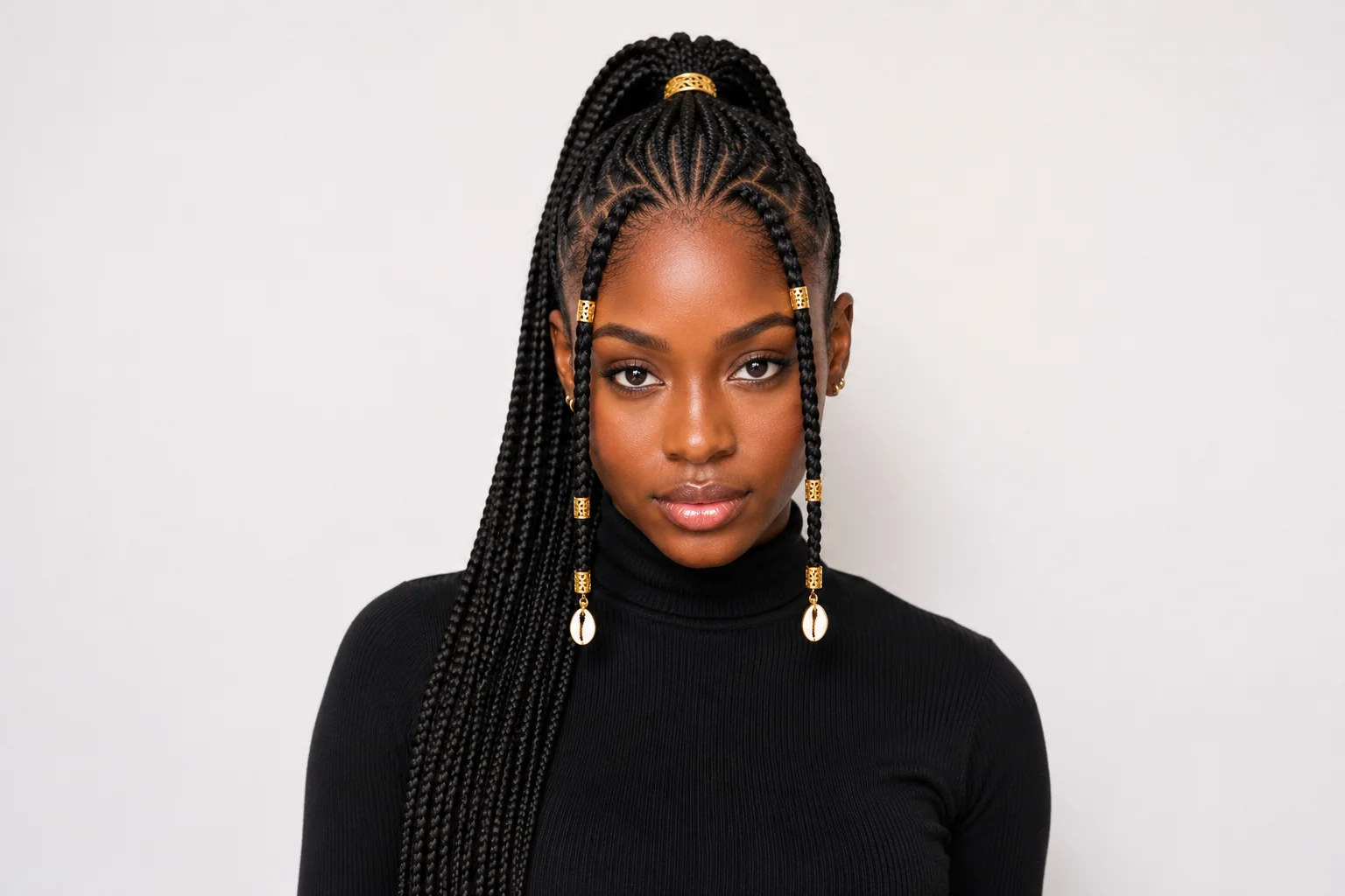 Fulani braids on long hair styled into a high ponytail with gold cuff and face-framing braids loose