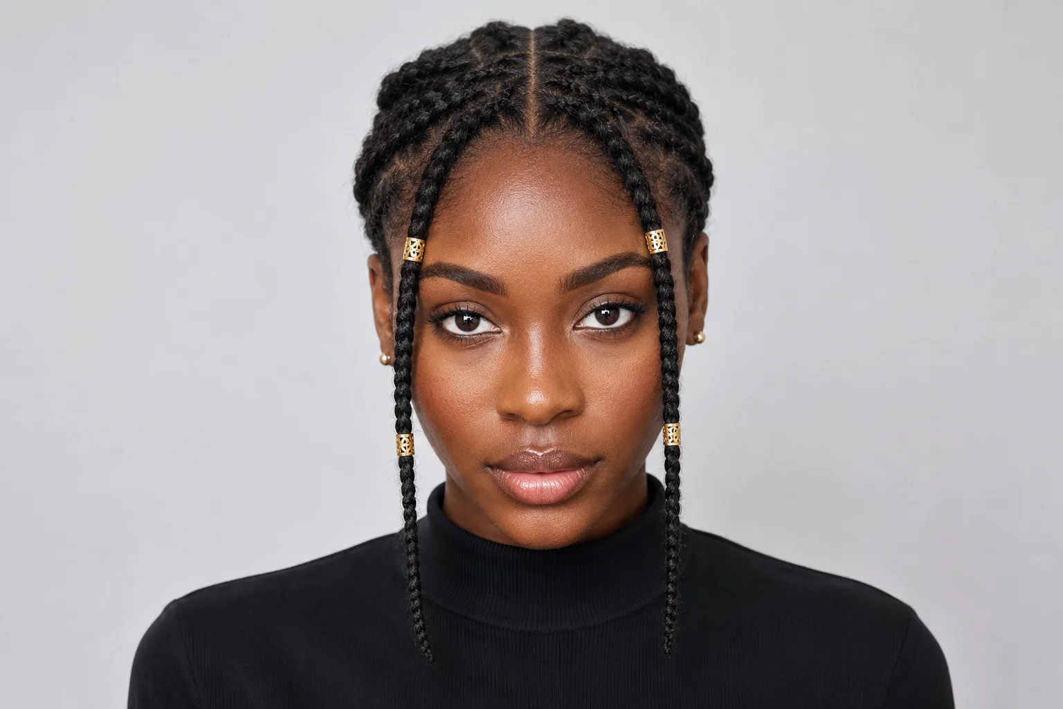 Fulani braids on natural hair — short natural braids with gold cuffs and visible center cornrow