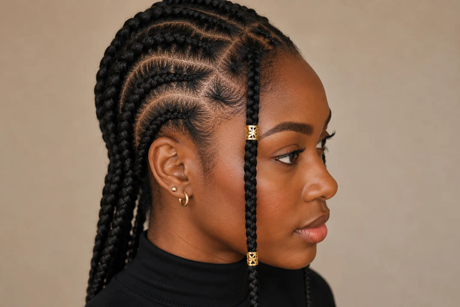 Side profile showing fulani braids on natural hair — scalp cornrow pattern visible with gold cuff on face-framing braid