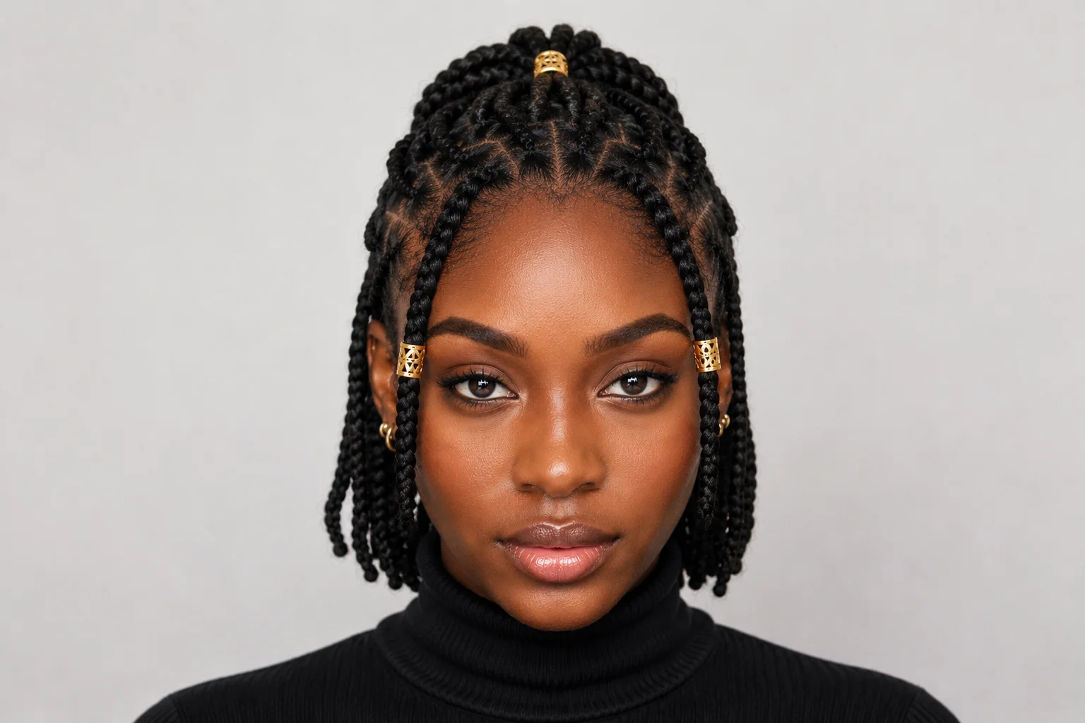 Fulani braids on short hair — bob length braids with gold cuffs and center cornrow pattern