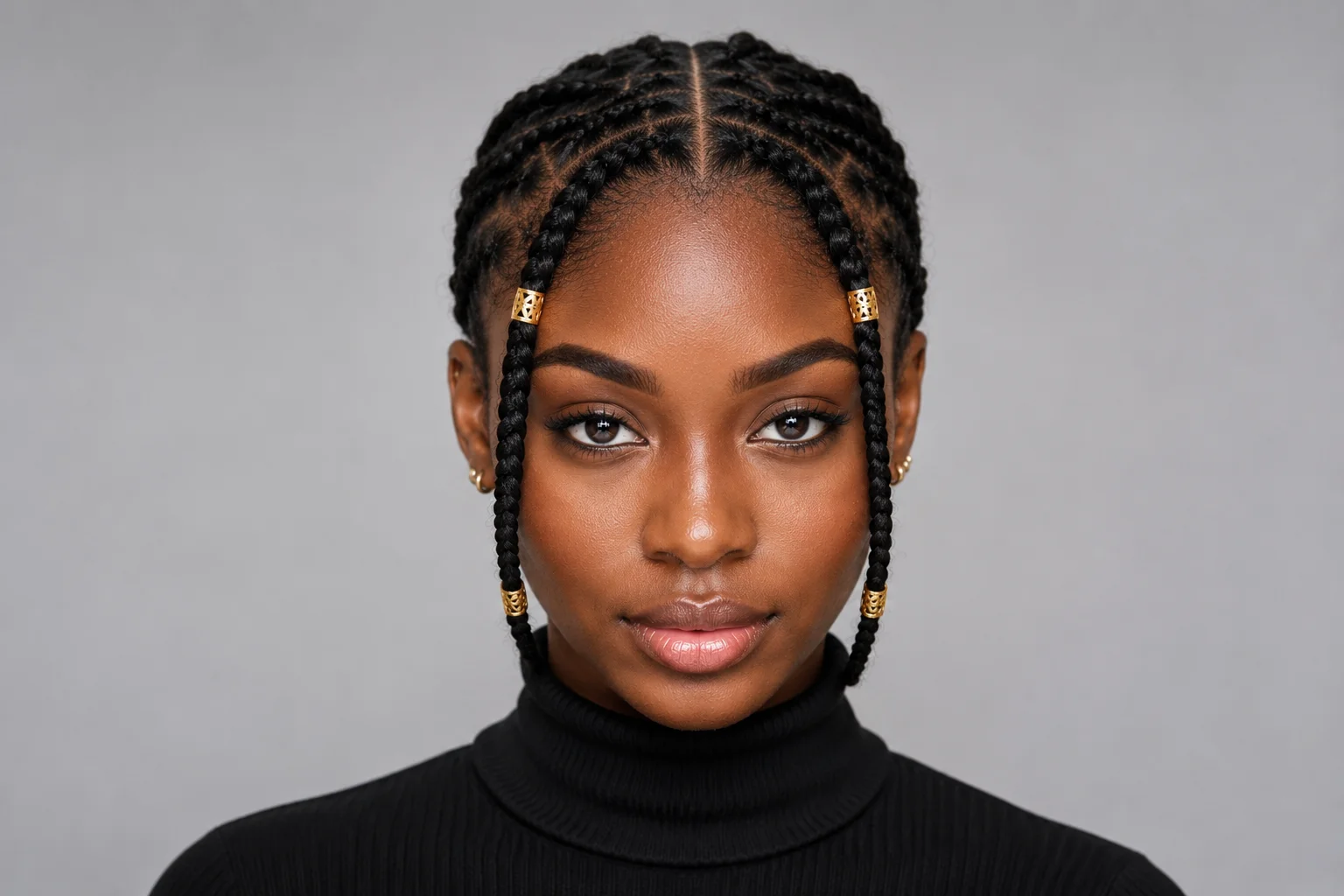 Fulani braids on short hair without extensions — very short natural braids with gold cuffs showing the Fulani pattern