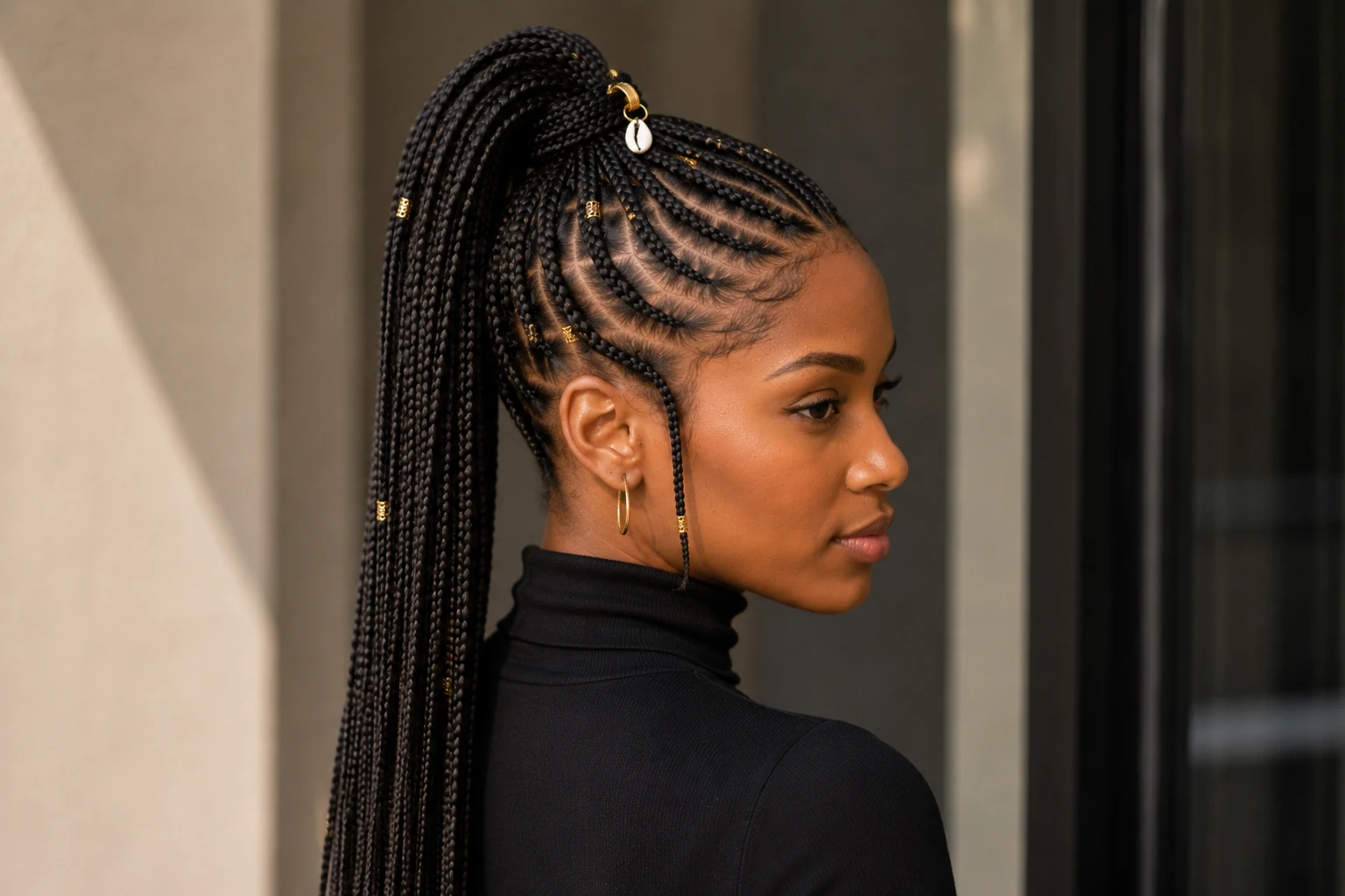 Side profile of Fulani braids ponytail showing full height and cornrow pattern detail