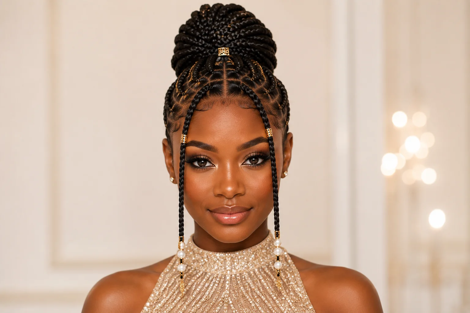 Fulani braids prom — elegant high bun with gold cuffs and pearl adornments on face-framing braids
