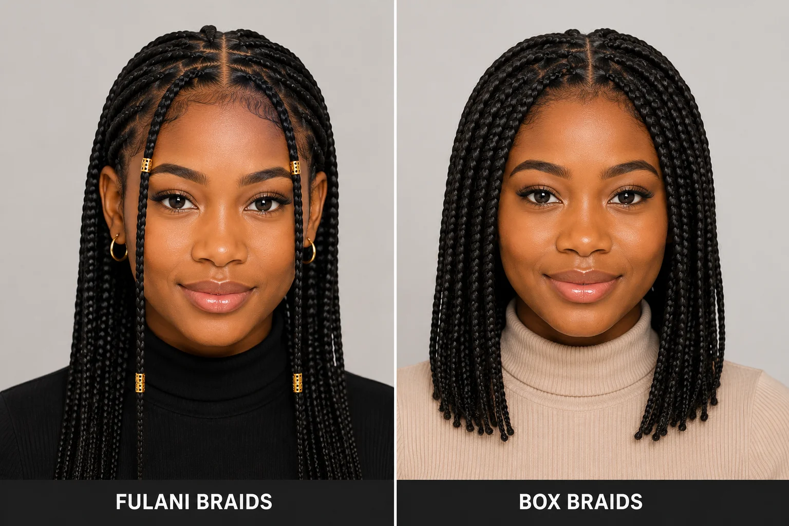 Fulani braids vs box braids — side by side comparison showing center cornrow pattern versus even box section distribution