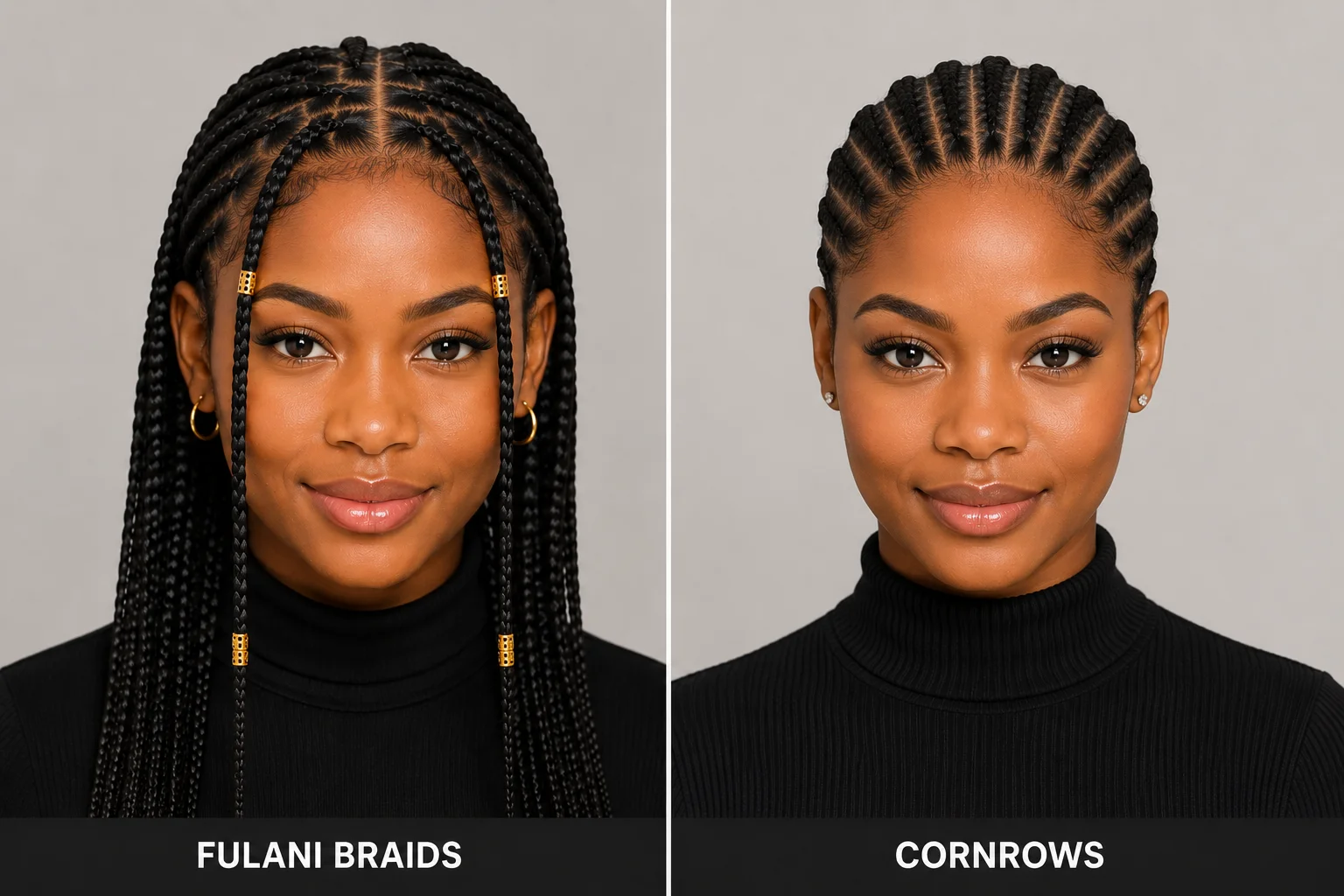 Fulani braids vs cornrows — side by side showing hanging face-framing Fulani braids versus flat straight-back cornrows