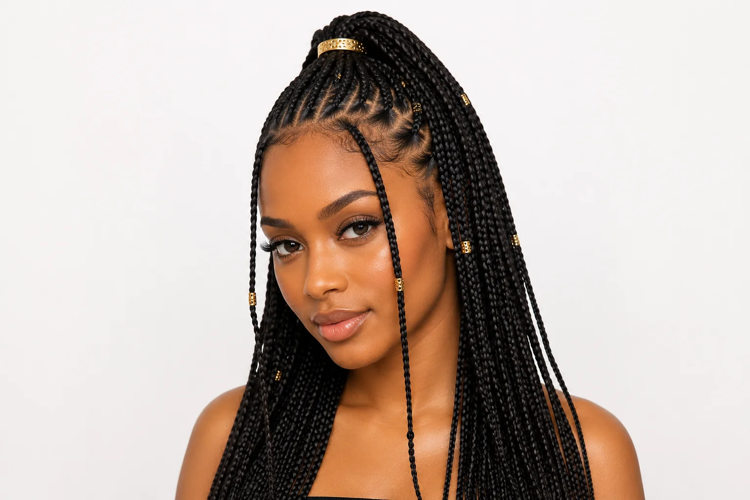 Half-up half-down Fulani braids with gold cuff securing the top section and face-framing braids loose