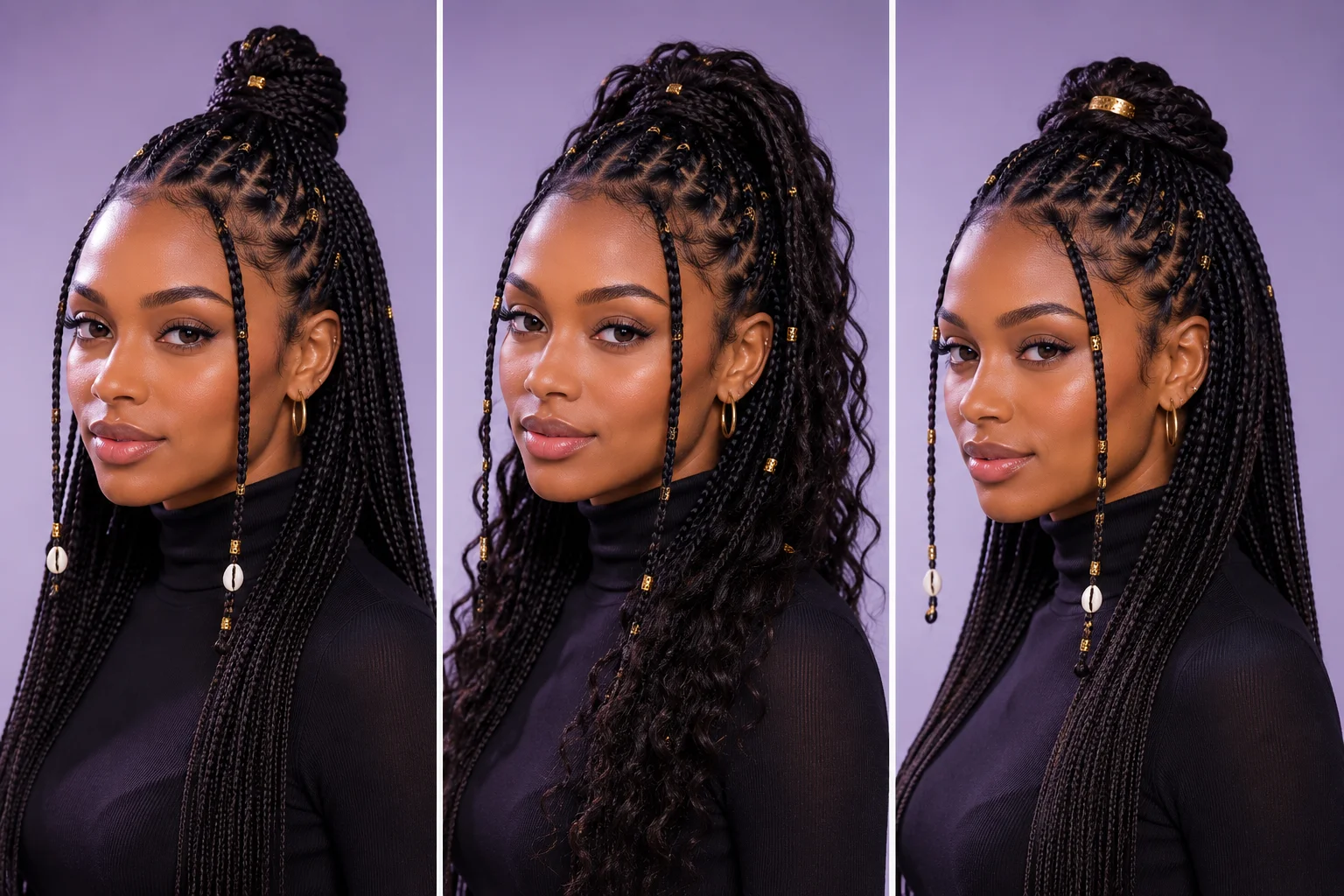 Three half-up half-down Fulani braids variations — top knot, curly ends, and sleek half-ponytail