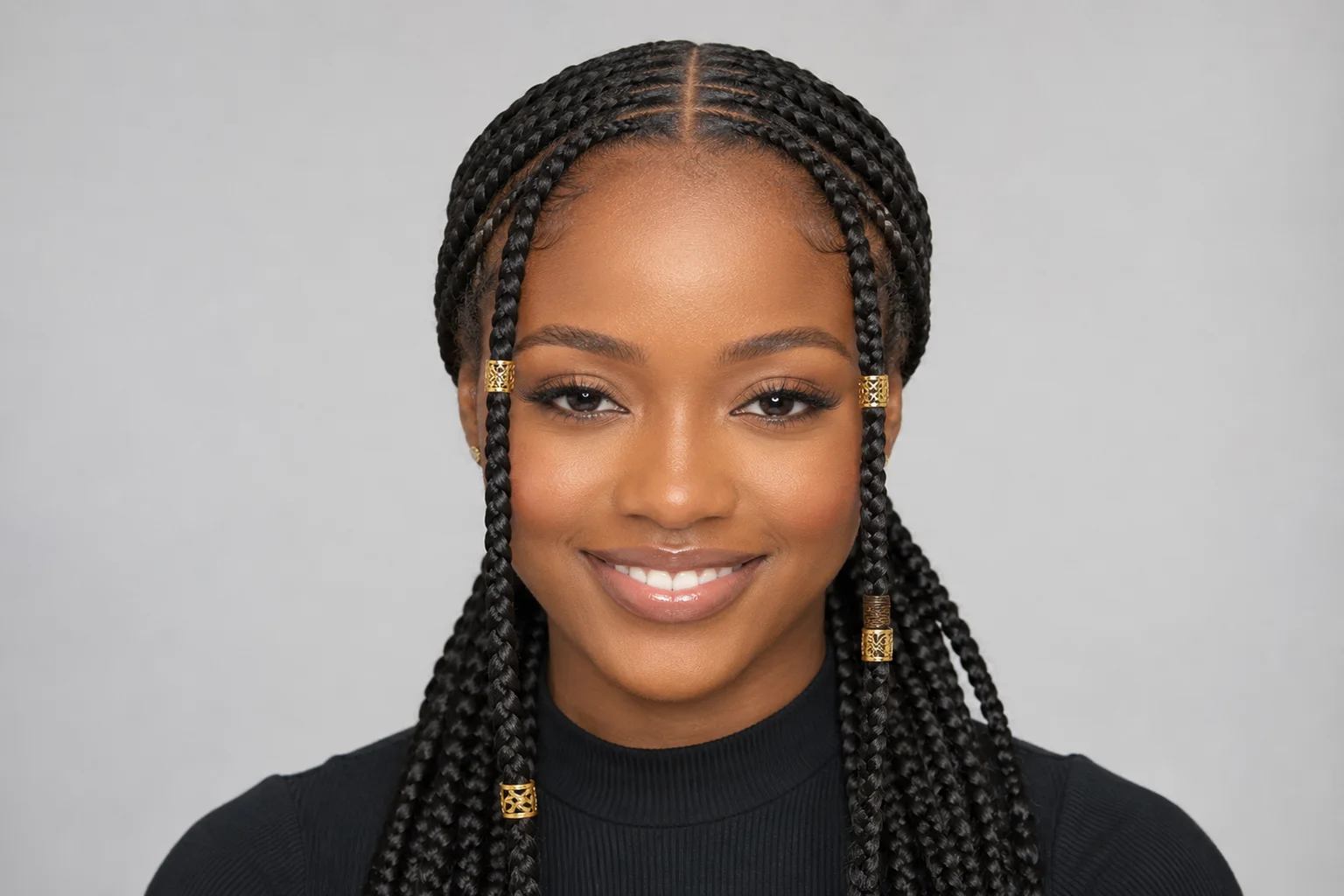 Beginner Fulani braids result — clean center cornrow and face-framing braids with gold cuffs on a smiling woman