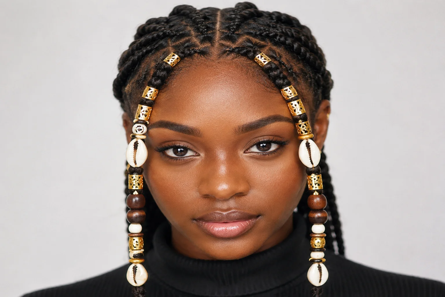 How to do Fulani braids with beads — gold cuffs, cowrie shells and wooden beads on face-framing braids