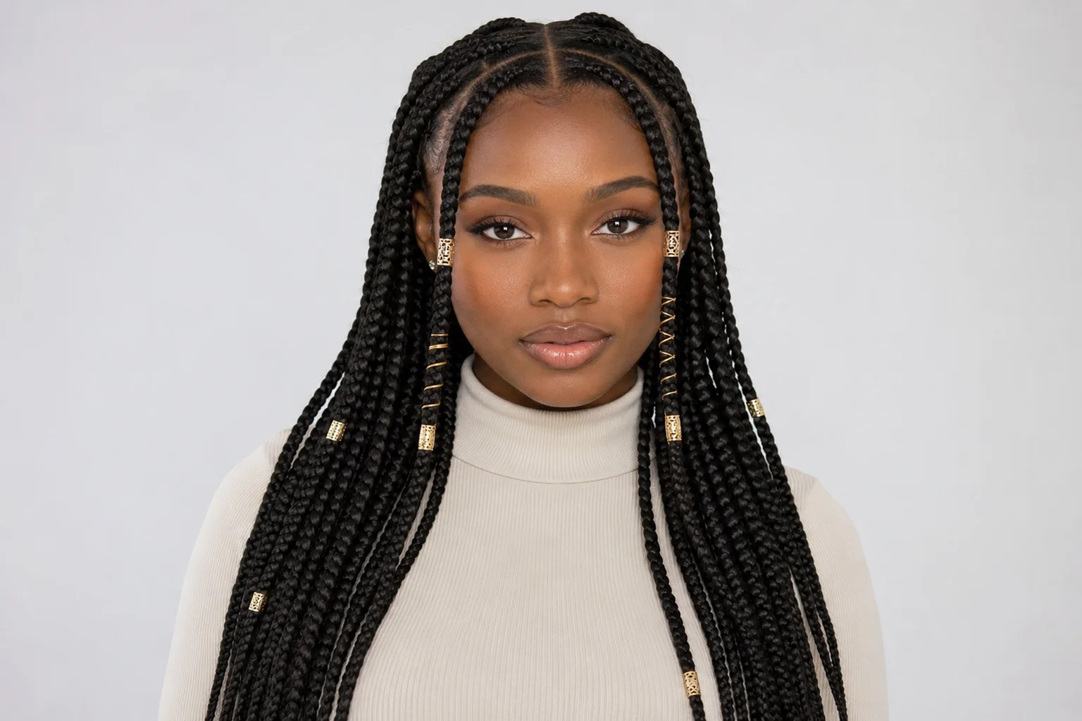 Fulani braids with extensions — long kanekalon braids with gold cuffs and clear center cornrow
