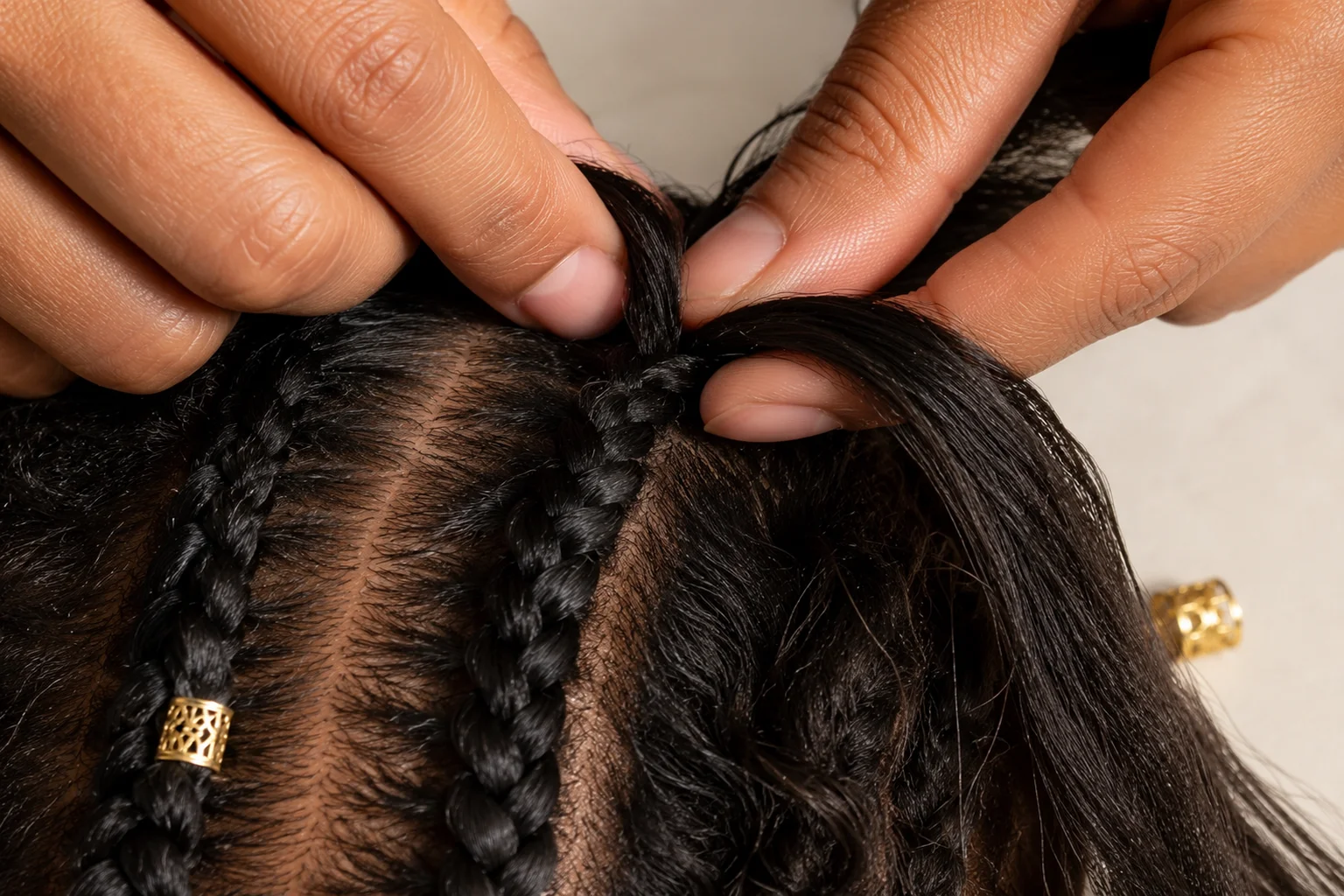 Close-up of hands feeding kanekalon extension hair into a Fulani braid at the root with gold cuff nearby