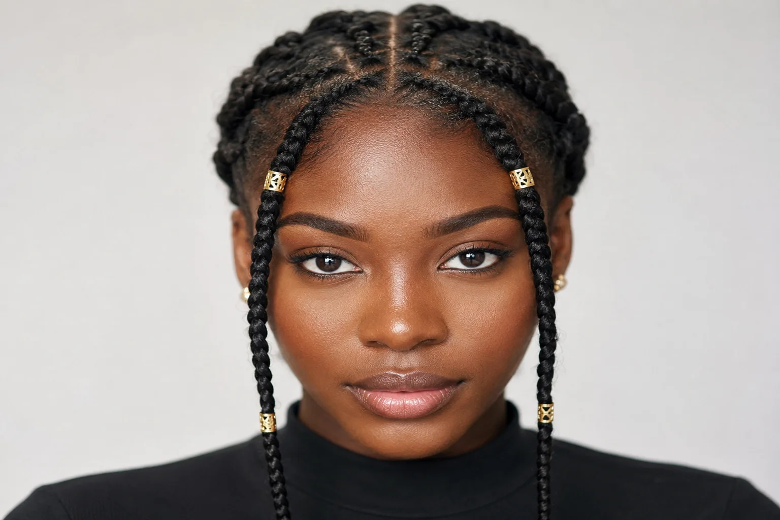 Fulani braids with natural hair only — shorter thick braids with gold cuffs and clear center cornrow