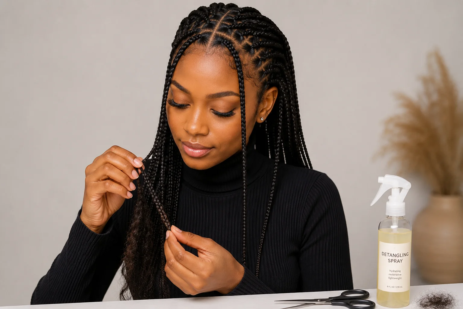How to take down Fulani braids — woman carefully unraveling braid with detangling spray and scissors nearby