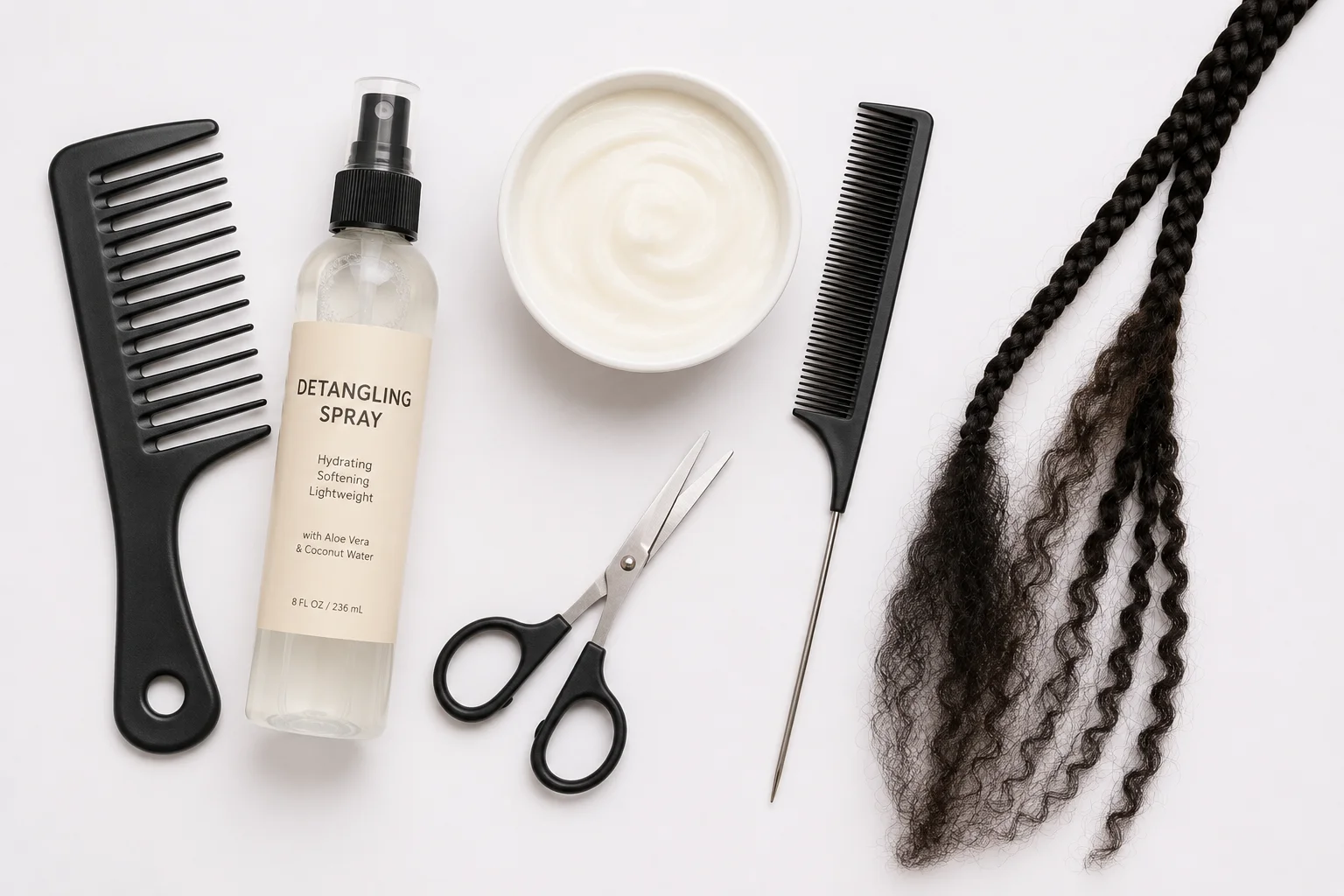 How to take down Fulani braids supplies — wide tooth comb, detangling spray, scissors, conditioner, rat tail comb and unraveled braid
