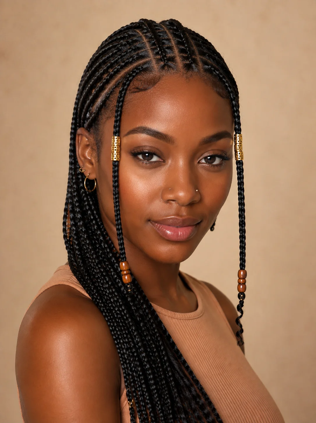 Classic center-part Fulani braids with a single straight cornrow