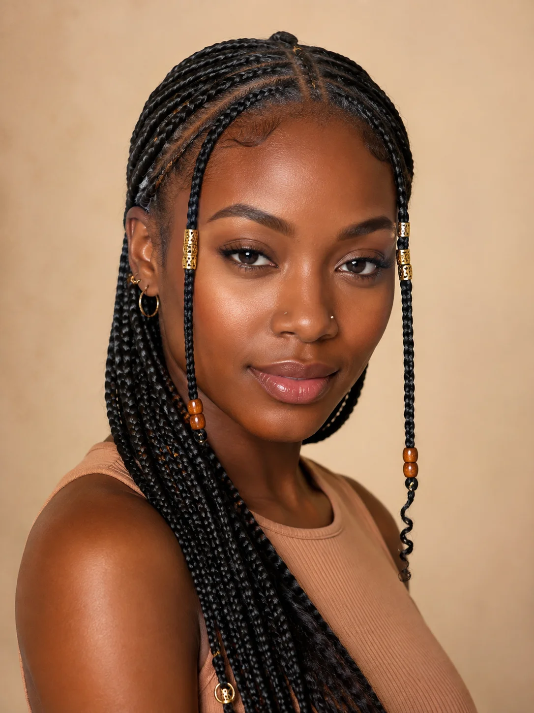 Double center-part Fulani braids with two parallel cornrows
