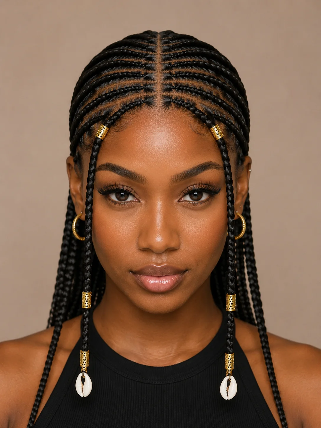 Close-up of Fulani braids showing center cornrow and face-framing braids with gold cuffs