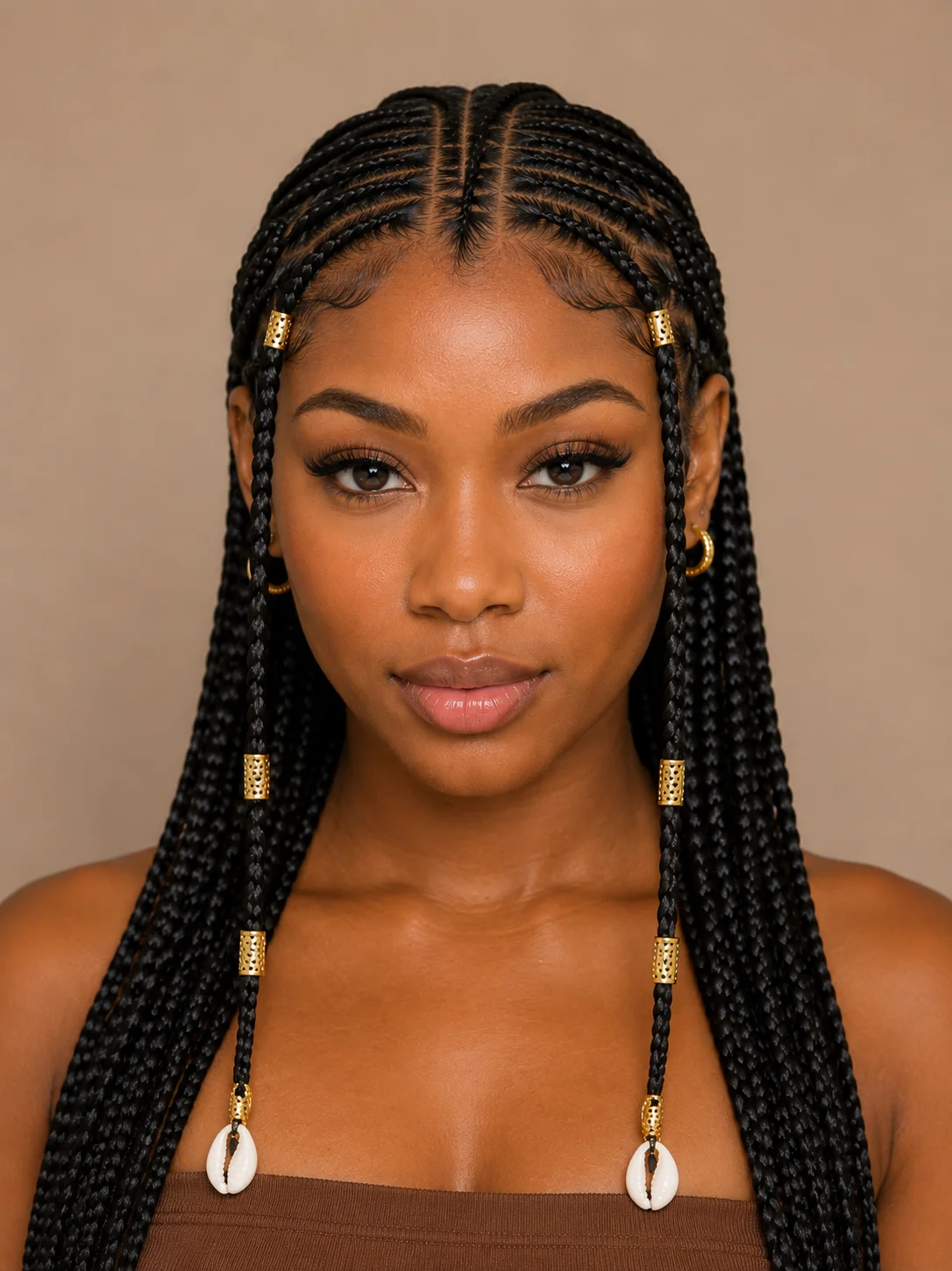Close-up of Fulani braids showing center cornrow and face-framing braids with gold cuffs