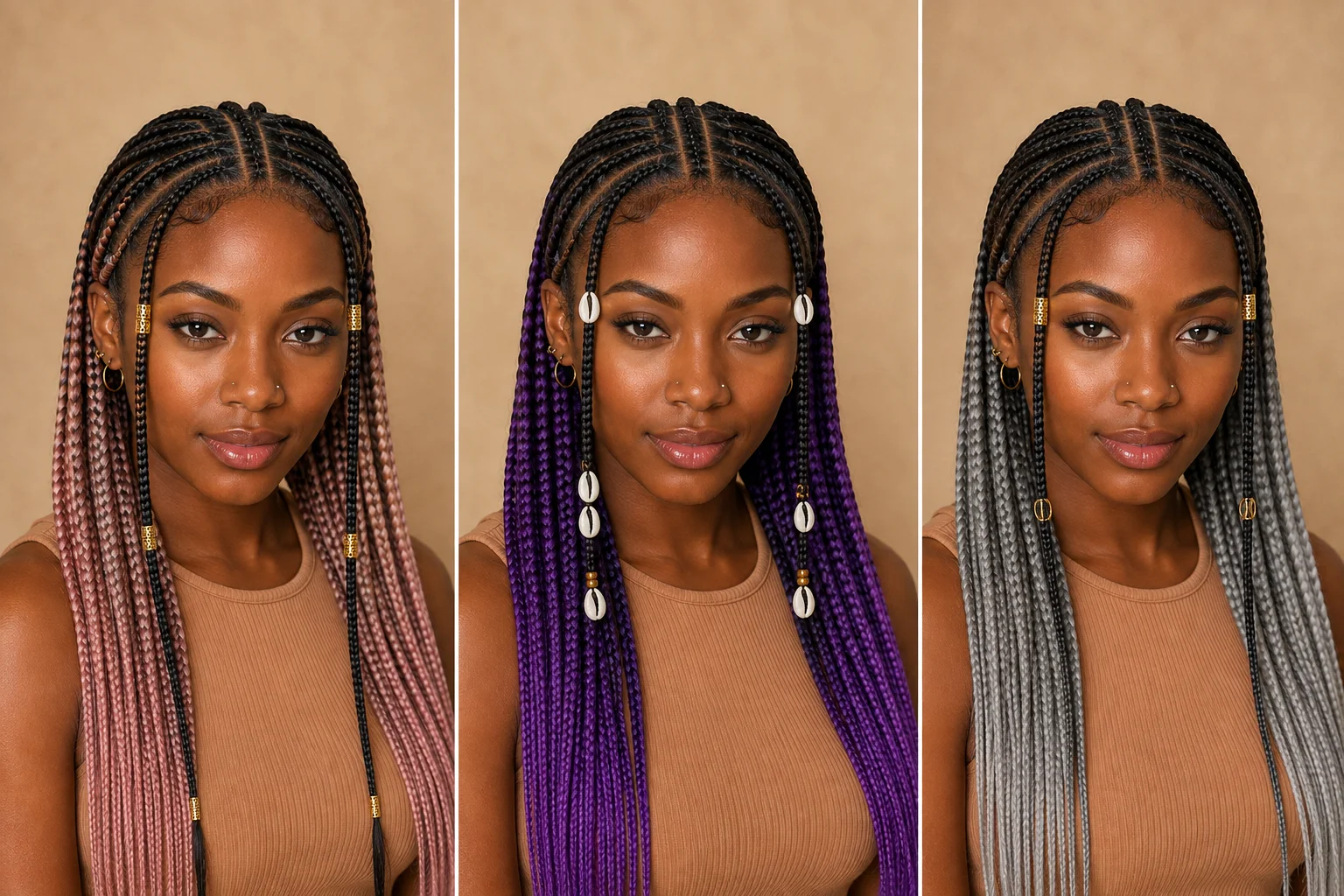 Fulani braids in three fashion colors — rose gold, purple, and silver-grey ombre with beads and gold cuffs