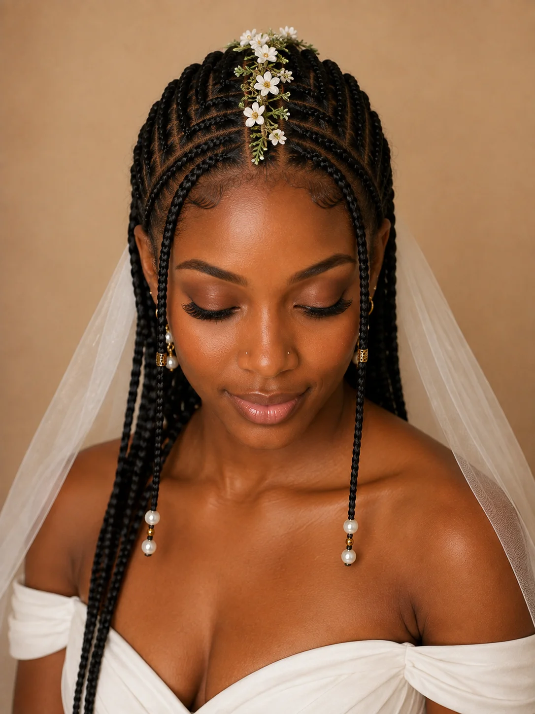 Floral crown resting along the center cornrow of Fulani braids with pearl beads