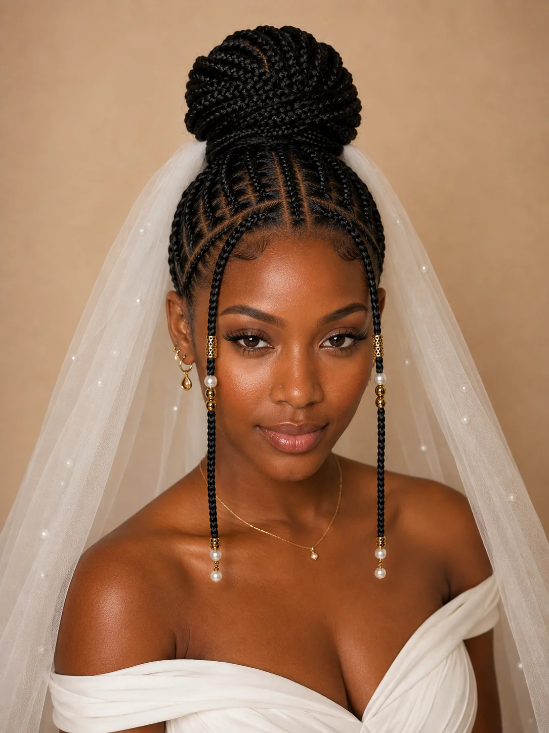 Bridal veil pinned securely into a Fulani braids high bun with pearl beads and gold cuffs