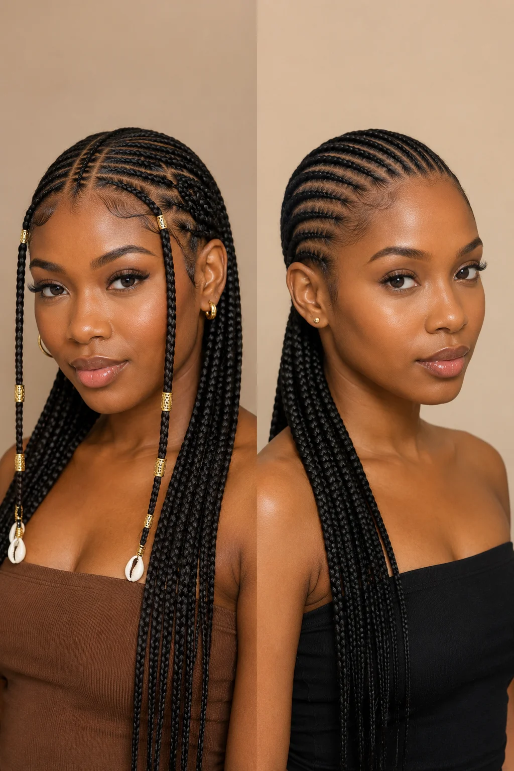 Fulani braids vs Ghana braids — side by side comparison showing center cornrow face-framing pattern versus straight-back uniform cornrow rows