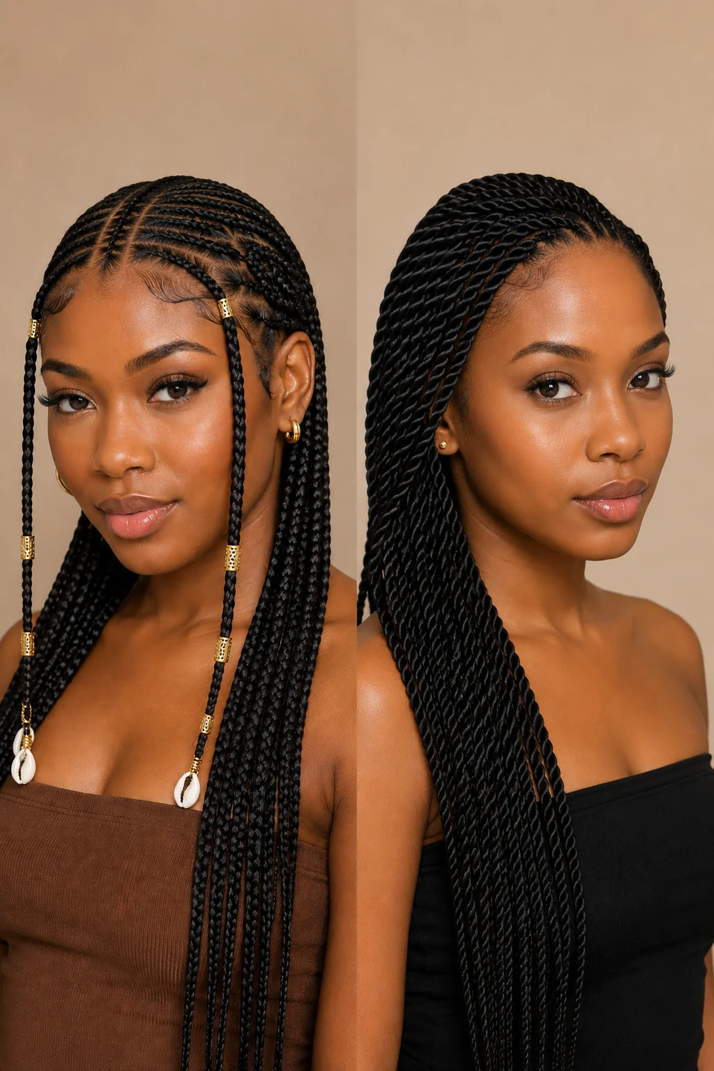 Fulani braids vs Senegalese twists — side by side comparison showing center cornrow face-framing pattern versus sleek rope twists