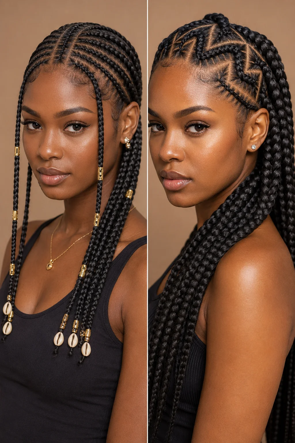 Fulani braids vs tribal braids — side by side comparison showing center cornrow face-framing pattern versus bold geometric zigzag cornrow design