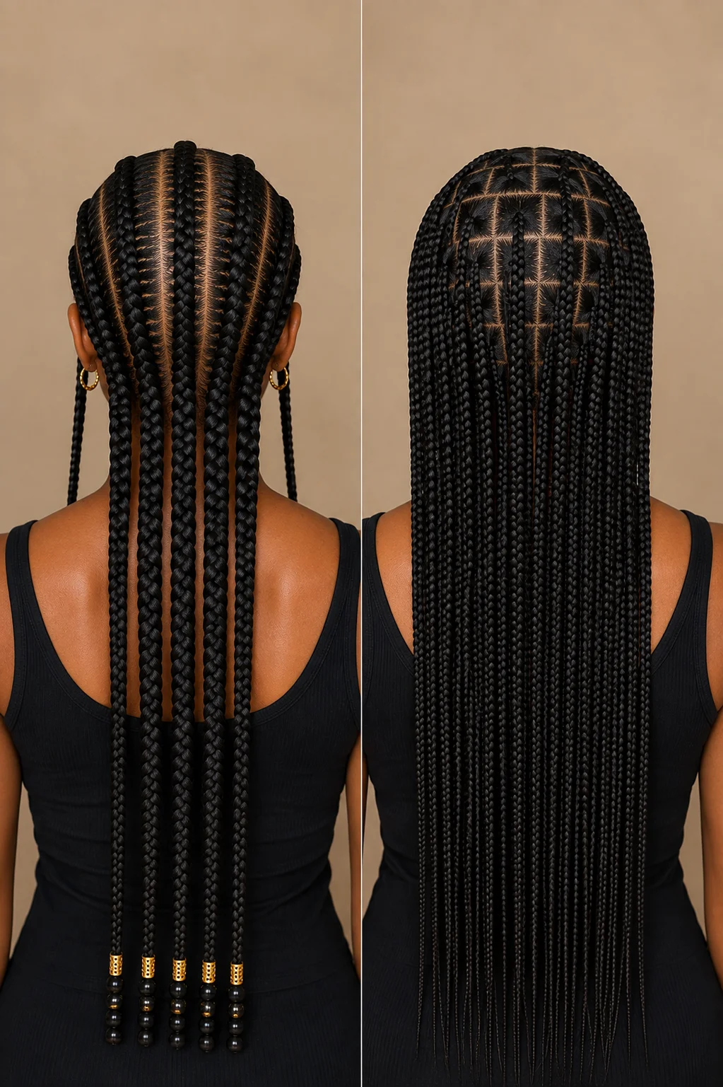 Back view comparison of Fulani braids center cornrow versus box braids even grid pattern across the full scalp
