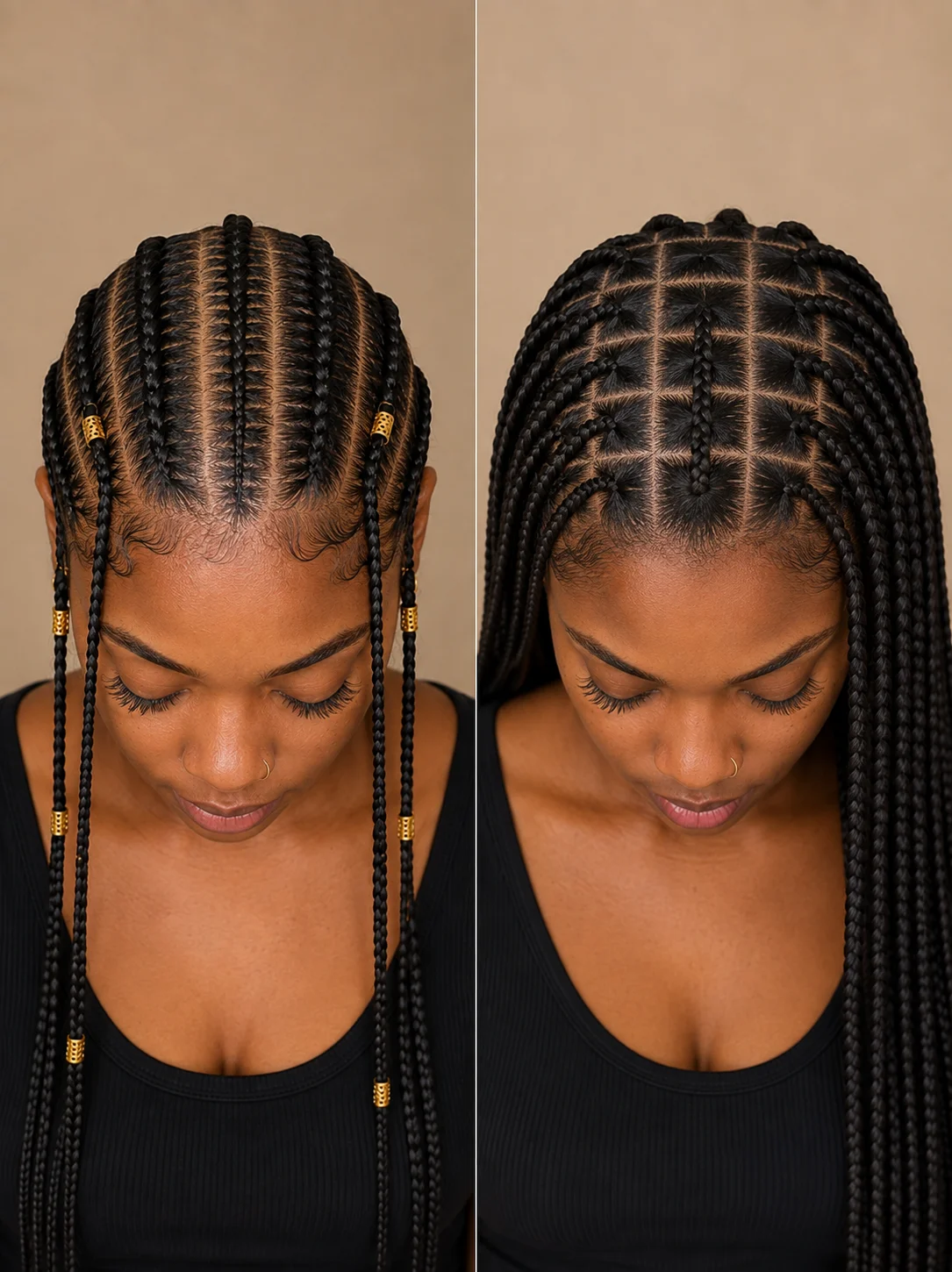 Fulani braids center cornrow pattern compared to box braids even square sectioning across the scalp