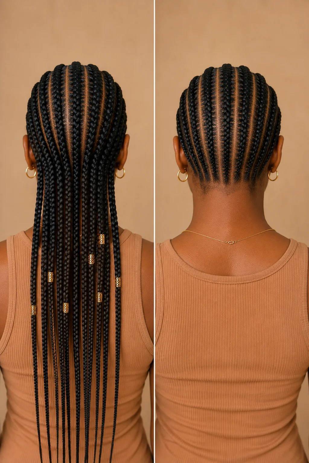 Back view comparison of Fulani braids with long hanging beaded length versus straight-back cornrows lying flat with no hanging length