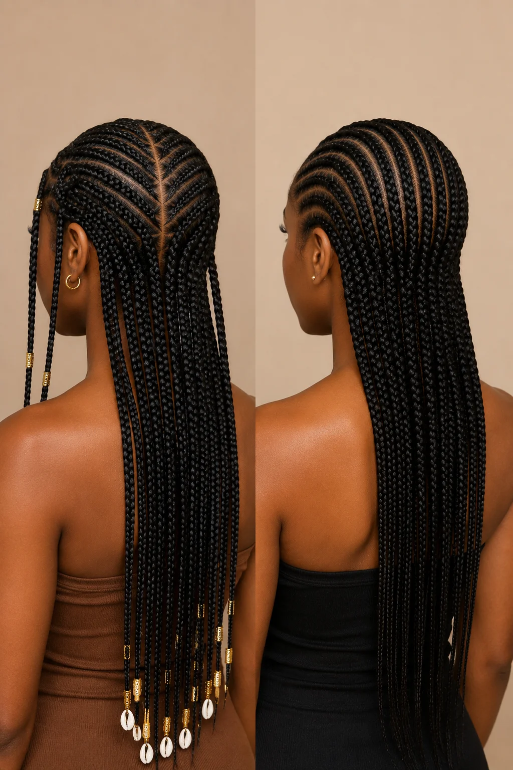 Back view comparison of Fulani braids and Ghana braids showing center cornrow versus straight parallel rows
